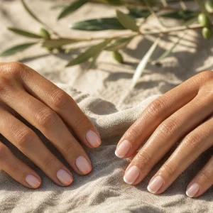 Comparaison micro-French colorée corail et Cloud Dancer sur ongles courts squoval et ovale, main bronzée d'été