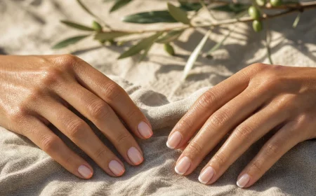 Comparaison micro-French colorée corail et Cloud Dancer sur ongles courts squoval et ovale, main bronzée d'été
