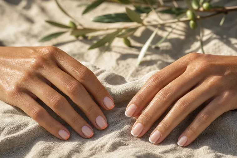 Comparaison micro-French colorée corail et Cloud Dancer sur ongles courts squoval et ovale, main bronzée d'été