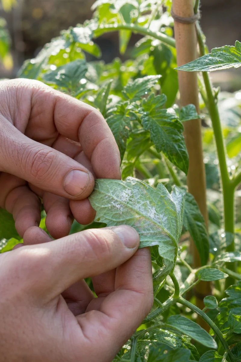 Inspection du revers d'une feuille de tomate pour détecter le duvet blanc du mildiou