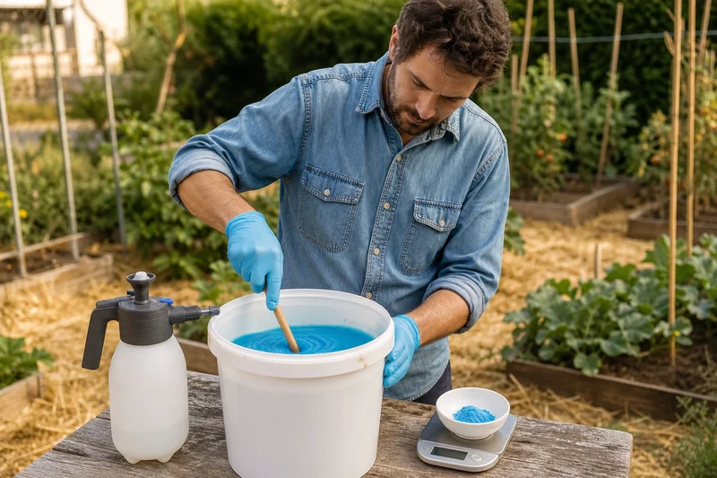 Préparation de la bouillie bordelaise à la bonne dose dans un seau en plastique blanc