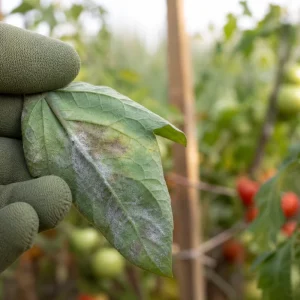 Feuille de tomate atteinte du mildiou avec duvet blanc caractéristique visible au revers