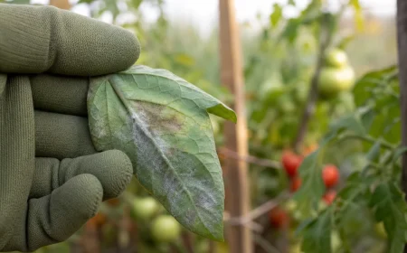 Feuille de tomate atteinte du mildiou avec duvet blanc caractéristique visible au revers