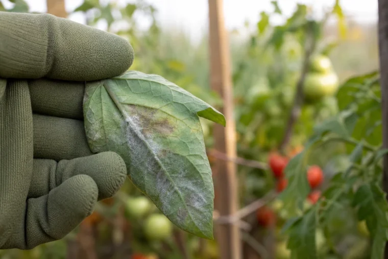 Feuille de tomate atteinte du mildiou avec duvet blanc caractéristique visible au revers