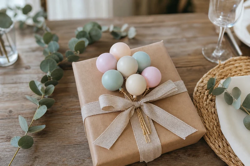 Paquet cadeau kraft orné d'un bouquet de sept mini ballons pastel sur fils dorés