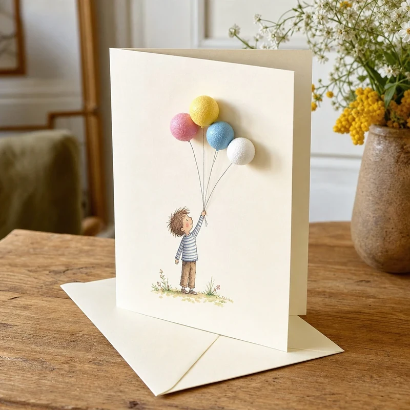 Carte de vœux 3D avec un personnage aquarelle tenant quatre mini ballons colorés