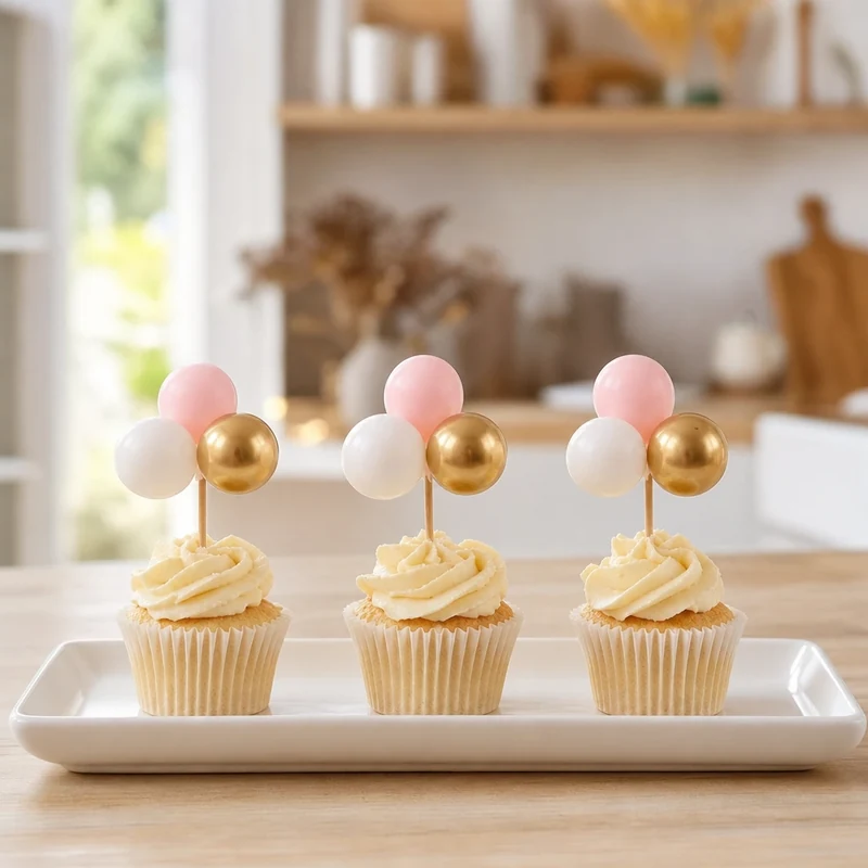 Trois cupcakes ornés chacun d'un mini bouquet de ballons 260 rose, blanc et doré