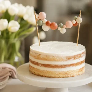 Cake topper en mini ballons pastel roses, blancs, terracotta et sauge sur un gâteau blanc