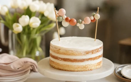 Cake topper en mini ballons pastel roses, blancs, terracotta et sauge sur un gâteau blanc