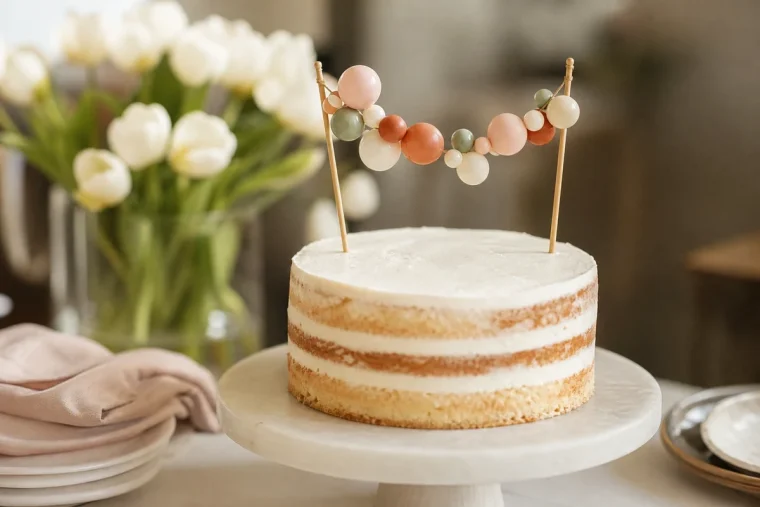 Cake topper en mini ballons pastel roses, blancs, terracotta et sauge sur un gâteau blanc