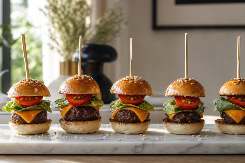 Mini-brochettes façon burger avec sucrine et tomate cerise