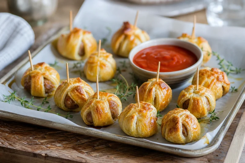 Boulettes en pâte feuilletée dorée sortant du four sur une plaque