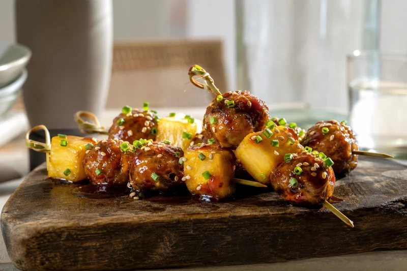 Brochettes teriyaki avec ananas frais et sésame torréfié