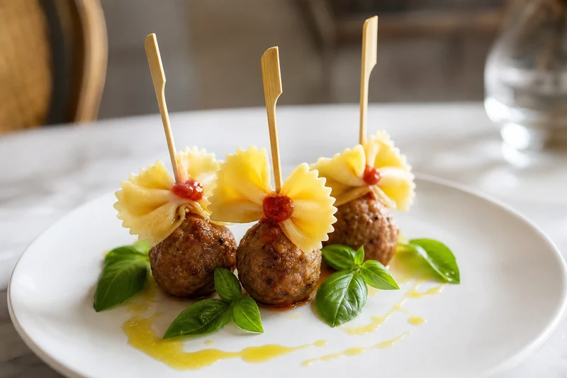 Brochettes de mini-boulettes surmontées de farfalles, style italien