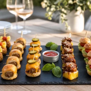 Plateau de cinq variétés de mini-brochettes de boulettes disposées en rangées sur un buffet d'été