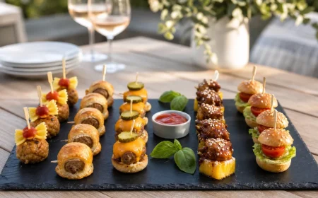 Plateau de cinq variétés de mini-brochettes de boulettes disposées en rangées sur un buffet d'été