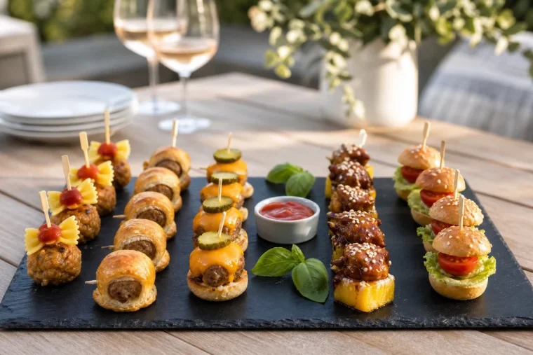 Plateau de cinq variétés de mini-brochettes de boulettes disposées en rangées sur un buffet d'été