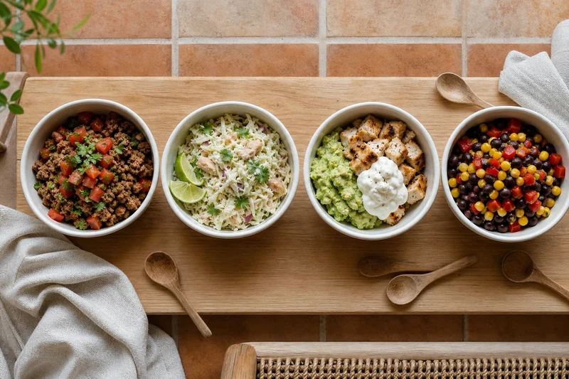 Les quatre garnitures pour mini tacos : bœuf, cabillaud, poulet et végétarien
