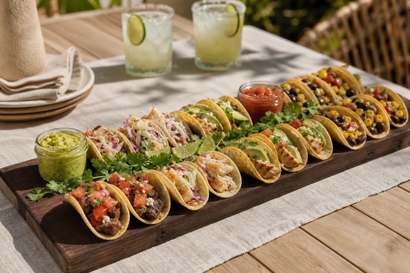 Long plateau d'apéritif dînatoire avec quatre variétés de mini tacos maison