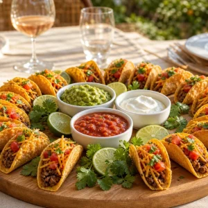 Plateau apéritif estival garni de mini tacos maison et de dips colorés