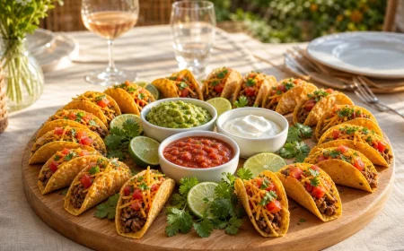 Plateau apéritif estival garni de mini tacos maison et de dips colorés