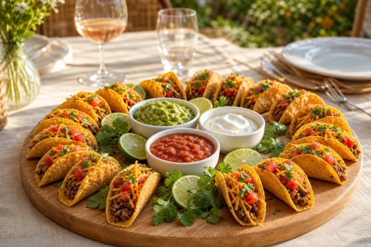 Plateau apéritif estival garni de mini tacos maison et de dips colorés