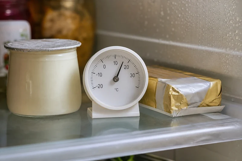 Thermomètre de frigo indiquant 4 °C sur une clayette centrale