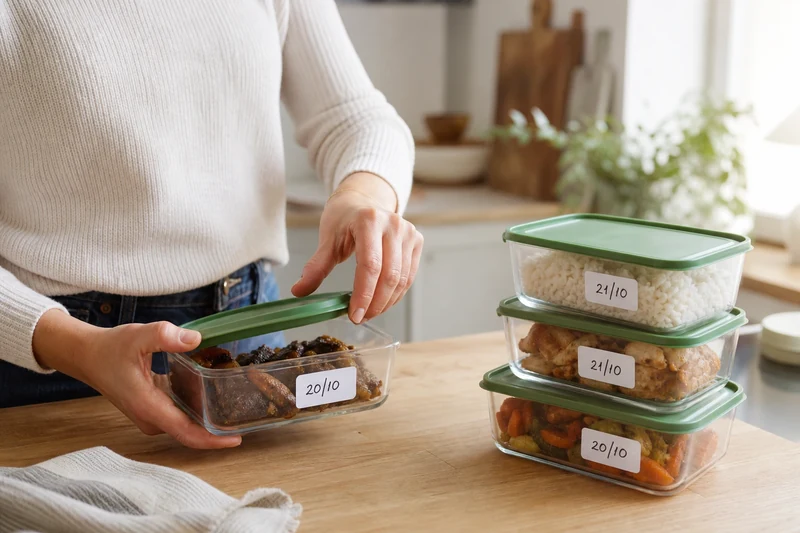 Restes de repas rangés dans des boîtes hermétiques transparentes étiquetées avec la date
