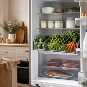 Réfrigérateur français bien organisé par zones pendant l'été, aliments frais rangés selon la température