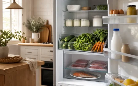 Réfrigérateur français bien organisé par zones pendant l'été, aliments frais rangés selon la température