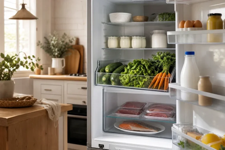 Réfrigérateur français bien organisé par zones pendant l'été, aliments frais rangés selon la température