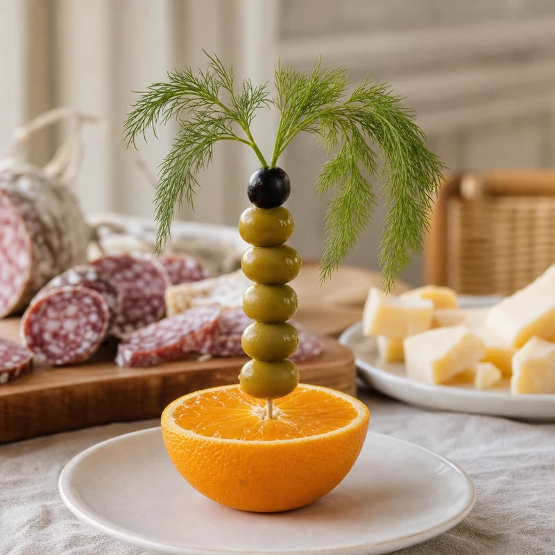 Palmier d'olives terminé avec sa couronne de fenouil planté dans une demi-orange