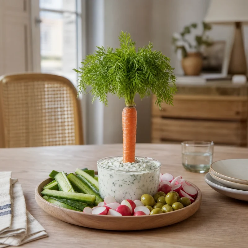 Palmier en carotte entière planté dans un dip de fromage frais aux herbes