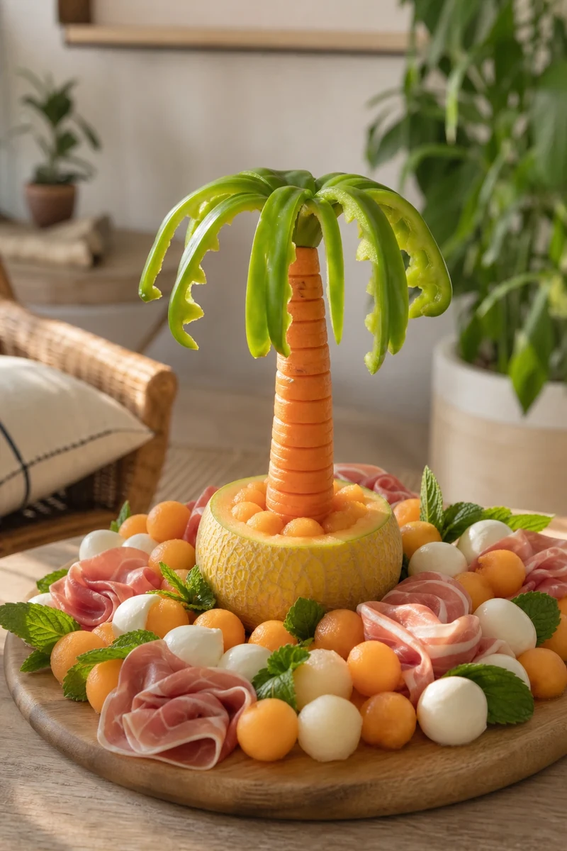 Palmier comestible carotte-poivron vert complet posé sur planche apéro estivale