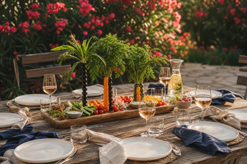 Table de jardin d'été française avec plateau apéritif décoré de palmiers comestibles au centre