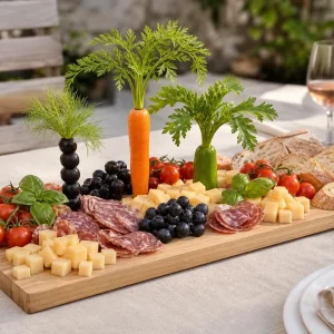 Plateau apéritif d'été décoré avec trois palmiers comestibles en olives, carottes et poivron vert