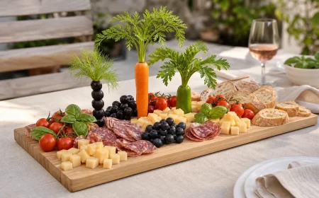 Plateau apéritif d'été décoré avec trois palmiers comestibles en olives, carottes et poivron vert
