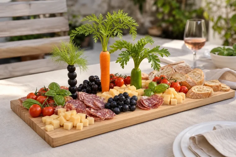Plateau apéritif d'été décoré avec trois palmiers comestibles en olives, carottes et poivron vert