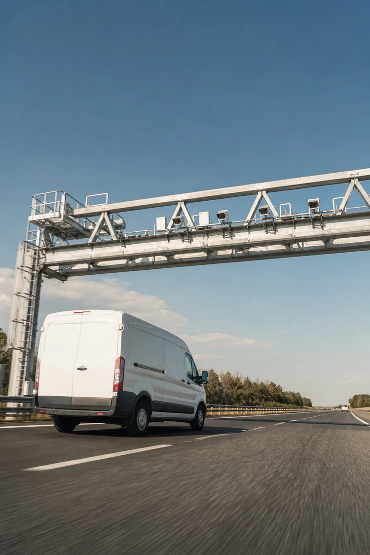 Portique de péage en flux libre au-dessus d'une autoroute française