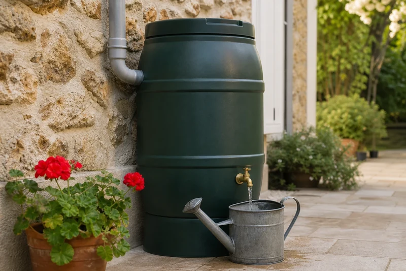 Récupérateur d'eau de pluie utilisé pour arroser la pelouse malgré les restrictions d'eau