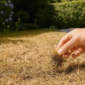 Main tirant sur une touffe d'herbe jaune pour tester si la pelouse est dormante ou morte pendant la canicule