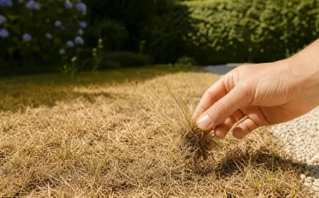 Main tirant sur une touffe d'herbe jaune pour tester si la pelouse est dormante ou morte pendant la canicule