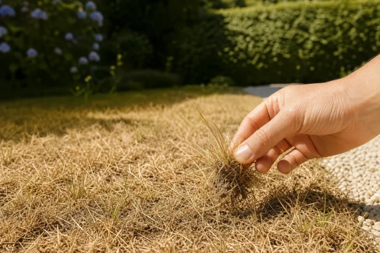 Main tirant sur une touffe d'herbe jaune pour tester si la pelouse est dormante ou morte pendant la canicule