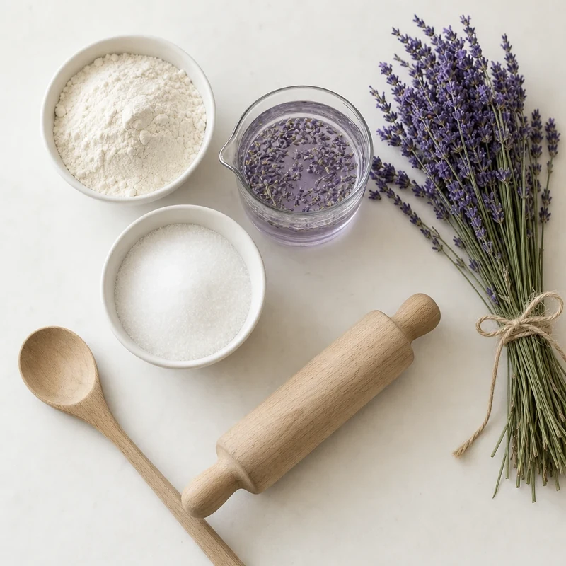 Ingrédients de la pâte à sel à la lavande : farine, sel, eau infusée et fleurs de lavande