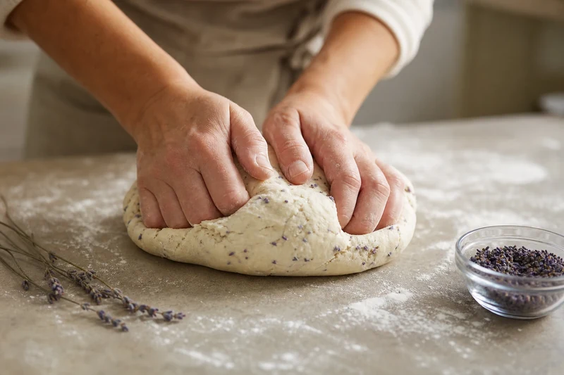 Mains pétrissant une pâte à sel parsemée de fleurs de lavande séchée