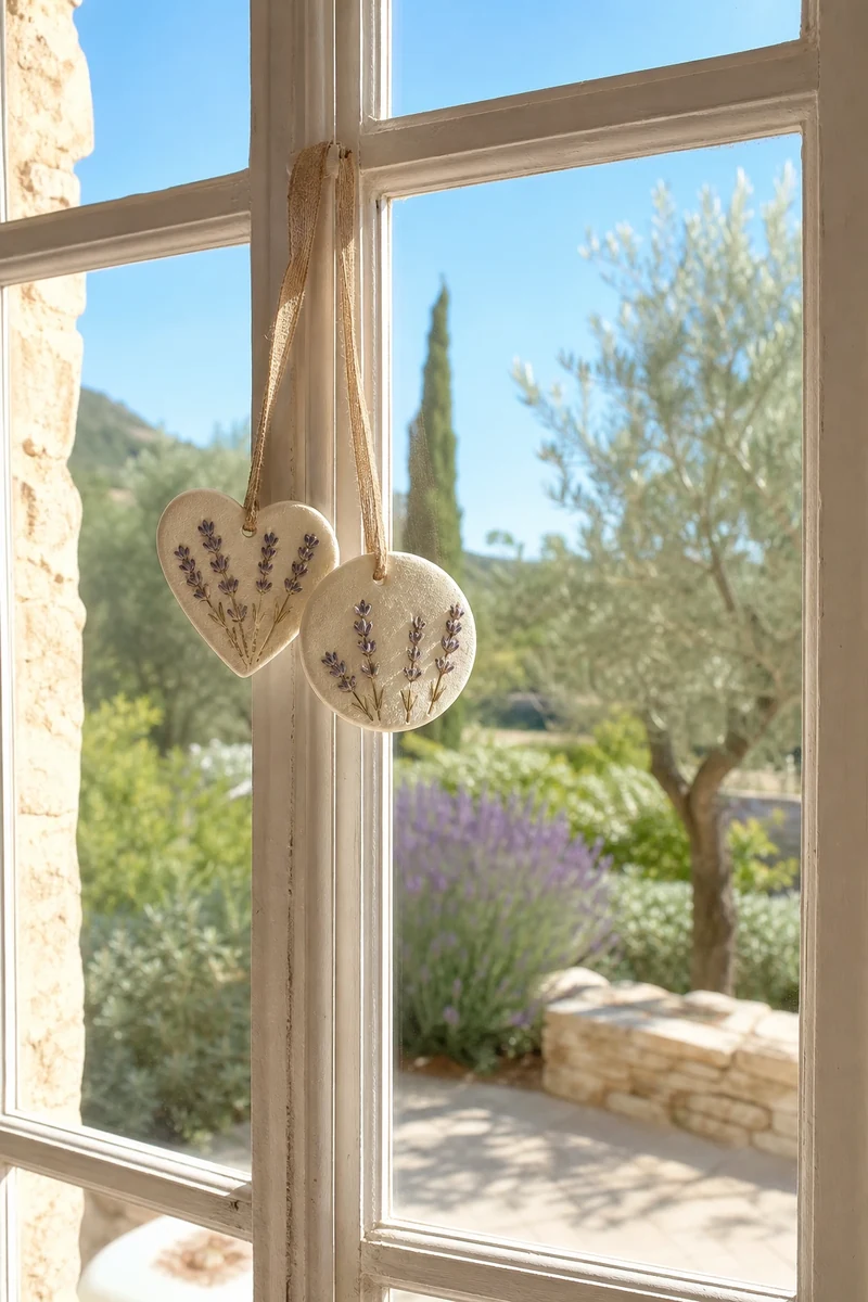 Pendentifs en pâte à sel à la lavande suspendus à une fenêtre en Provence
