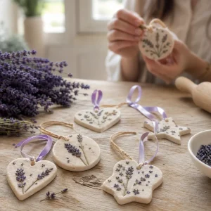 Pendentifs en pâte à sel décorés de fleurs et de tiges de lavande, disposés sur une table en bois