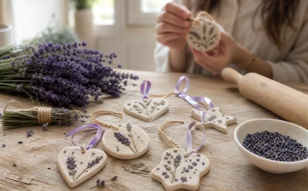 Pendentifs en pâte à sel décorés de fleurs et de tiges de lavande, disposés sur une table en bois