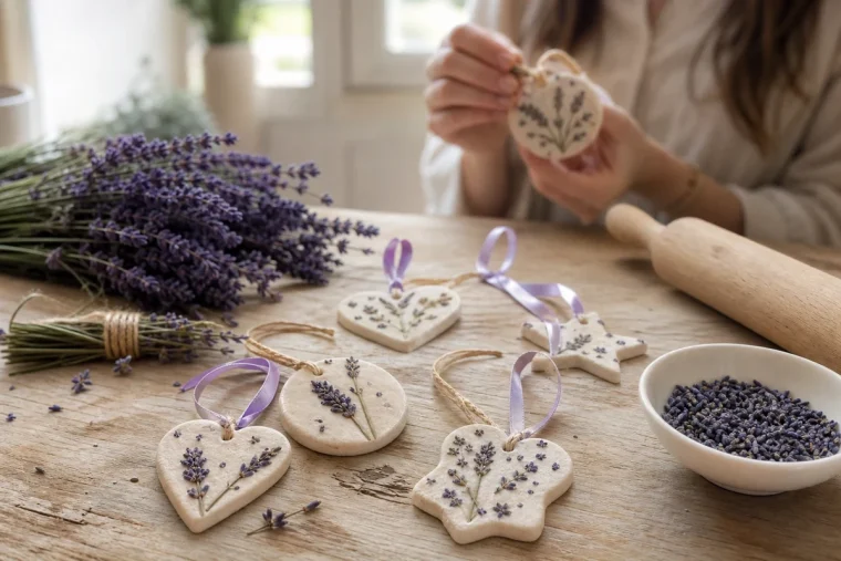 Pendentifs en pâte à sel décorés de fleurs et de tiges de lavande, disposés sur une table en bois