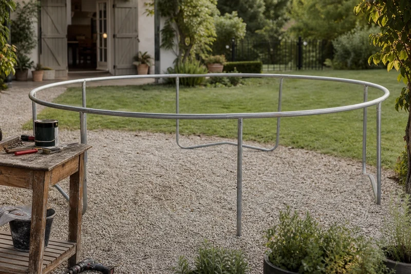 Cadre de trampoline nu prêt à être transformé en pergola de jardin avec outils et peinture antirouille